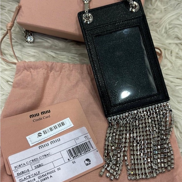 SOLD Authentic Miu Miu Black Crystal Embellished Leather Lanyard Card Case Bag. - Picture 2 of 4